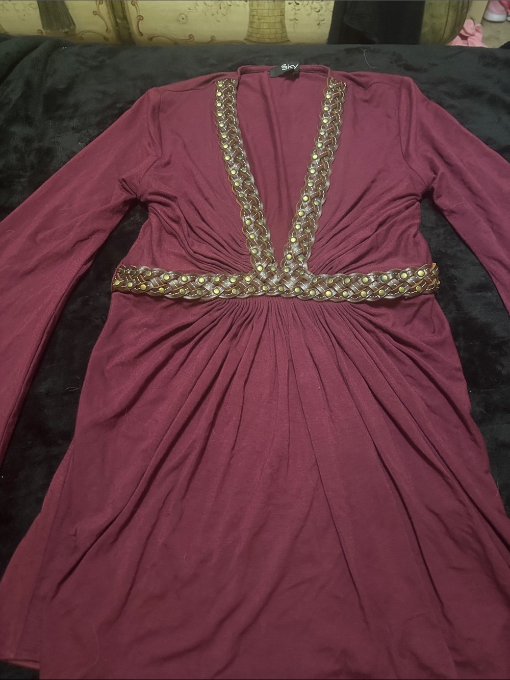 SKY Maroon BELL Sleeves V-Neck TOP Braided Leather & Gold Embellished Trim Small